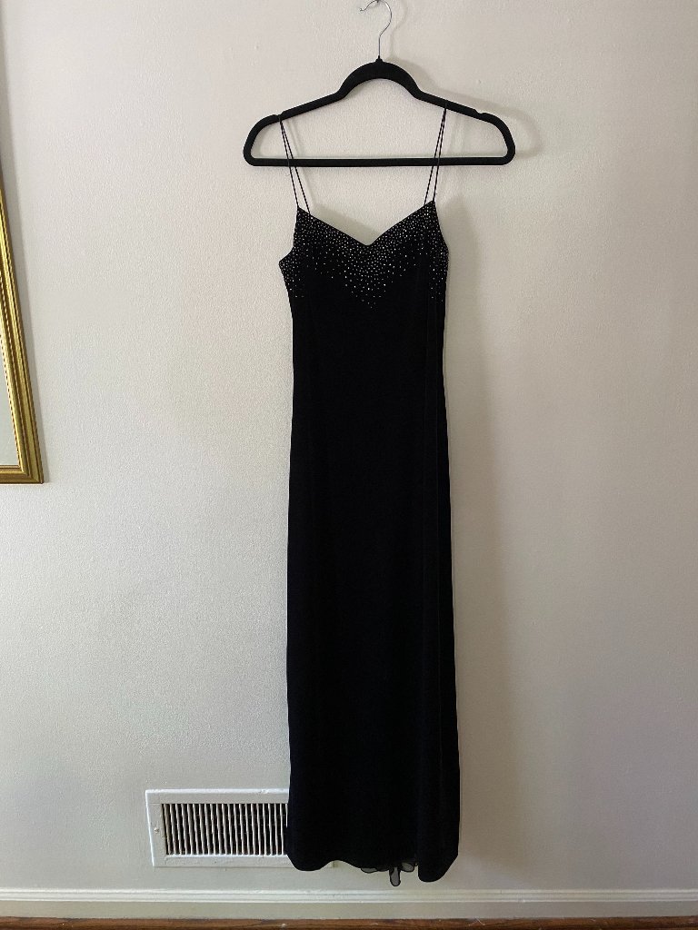 Vintage 1990s Black Velvet Cascading Beaded Gown Betsy & Adam Size 10 Prom